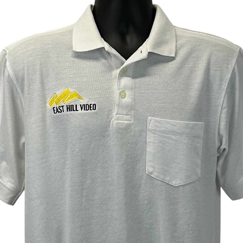 Vintage Y2Ks East Hill Video Polo Shirt M Medium White Media Short Sleeve Pocket